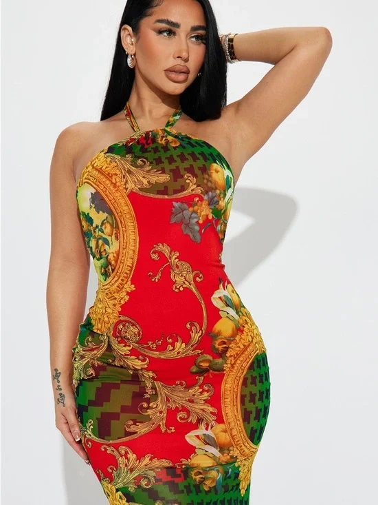 Fiona Mesh Halter Neck Red & Green Baroque Print Maxi Dress - Picture 3 of 5